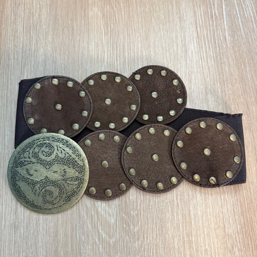 Vintage Boho Studded Leather Wide Elastic Waist Belt Brown Medallion Y2K Hippie